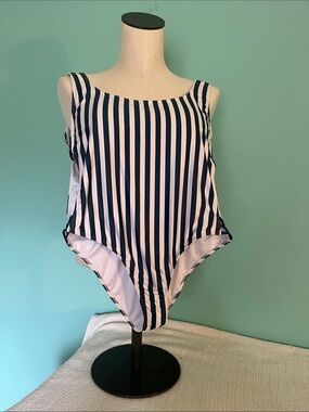 Classic Navy & White Stripe OnePiece Swimsuit watercolors by Kenny flowers